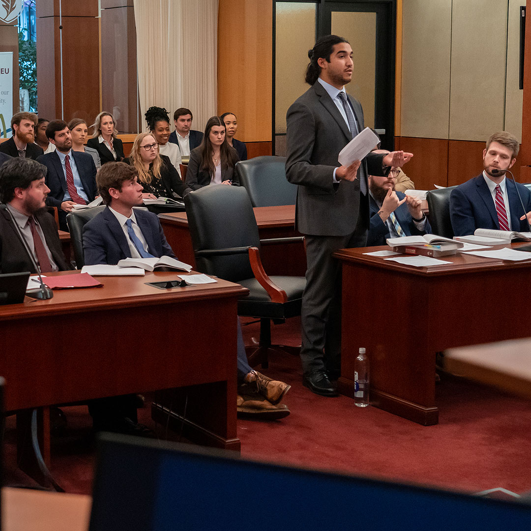 Elon University law student in courtroom